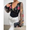 imageFloerns Womens Floral Embroidery Mesh Deep V Neck Puff Long Sleeve Blouse TopBlack