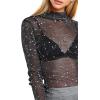 imageFloerns Womens Star Mesh See Through Mock Neck Long Sleeve Tops Tee TShirtA Black