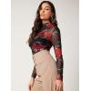 imageFloerns Womens Star Mesh See Through Mock Neck Long Sleeve Tops Tee TShirtBlack Flower Sheer