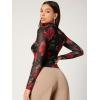 imageFloerns Womens Star Mesh See Through Mock Neck Long Sleeve Tops Tee TShirtBlack Flower Sheer