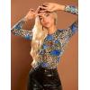 imageFloerns Womens Star Mesh See Through Mock Neck Long Sleeve Tops Tee TShirtBlue Floral