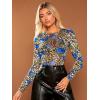 imageFloerns Womens Star Mesh See Through Mock Neck Long Sleeve Tops Tee TShirtBlue Floral