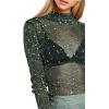 imageFloerns Womens Star Mesh See Through Mock Neck Long Sleeve Tops Tee TShirtGreen