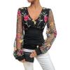 imageFloerns Womens Floral Embroidery Mesh Deep V Neck Puff Long Sleeve Blouse TopBlack