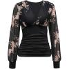 imageFloerns Womens Floral Embroidery Mesh Deep V Neck Puff Long Sleeve Blouse TopFloral Black