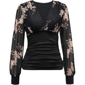 imageFloerns Womens Floral Embroidery Mesh Deep V Neck Puff Long Sleeve Blouse TopFloral Black