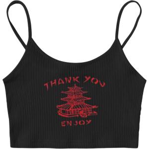 imageFloerns Womens Sleeveless Camisole Letter Print Crop Cami TopBlack