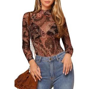 imageFloerns Womens Star Mesh See Through Mock Neck Long Sleeve Tops Tee TShirtDark Brown Multi