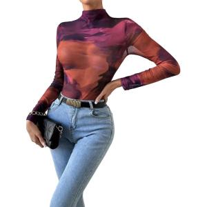 imageFloerns Womens Star Mesh See Through Mock Neck Long Sleeve Tops Tee TShirtPurple Multi