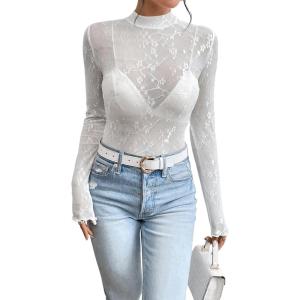 imageFloerns Womens Star Mesh See Through Mock Neck Long Sleeve Tops Tee TShirtWhite Ivory