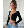 imageFloerns Womens Butterfly Chain Linked Long Sleeve Rib Knit Crop Top T ShirtBlack