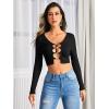 imageFloerns Womens Butterfly Chain Linked Long Sleeve Rib Knit Crop Top T ShirtJet Black