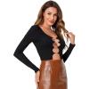 imageFloerns Womens Butterfly Chain Linked Long Sleeve Rib Knit Crop Top T ShirtBlack Solid