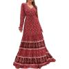 imageFloerns Womens Floral Print Boho V Neck Long Sleeve Flowy Maxi DressRed