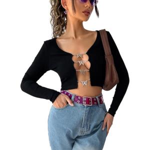 imageFloerns Womens Butterfly Chain Linked Long Sleeve Rib Knit Crop Top T ShirtBlack