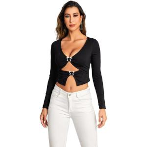 imageFloerns Womens Butterfly Chain Linked Long Sleeve Rib Knit Crop Top T ShirtJade Black