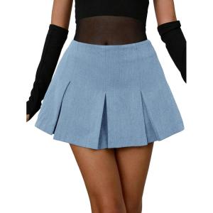 imageFloerns Womens Casual Pleated Hem Mini Skirt School Uniform Short SkirtsLight Blue
