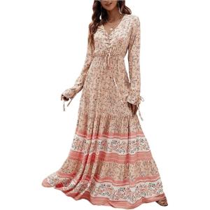 imageFloerns Womens Floral Print Boho V Neck Long Sleeve Flowy Maxi DressApricot