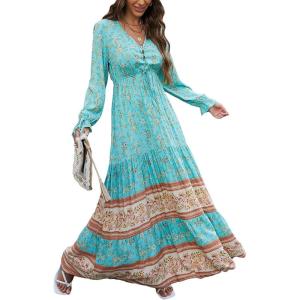 imageFloerns Womens Floral Print Boho V Neck Long Sleeve Flowy Maxi DressMint Blue