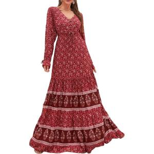 imageFloerns Womens Floral Print Boho V Neck Long Sleeve Flowy Maxi DressRed