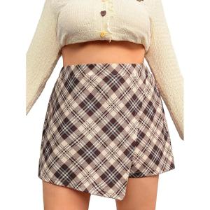imageFloerns Womens Plus Size Asymmetrical Skorts High Waisted Skirts ShortsBrown Plaid