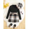 imageFloerns Girls 2 Piece Outfit High Neck Tee Shirt with Plaid Mini Skirt SetBlack Tartan