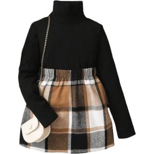 imageFloerns Girls 2 Piece Outfit High Neck Tee Shirt with Plaid Mini Skirt SetBlack Multi