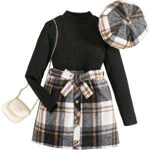 imageFloerns Girls 2 Piece Outfit High Neck Tee Shirt with Plaid Mini Skirt SetBlack Tartan