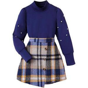 imageFloerns Girls 2 Piece Outfit High Neck Tee Shirt with Plaid Mini Skirt SetNavy Blue Multi