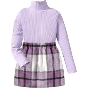imageFloerns Girls 2 Piece Outfit High Neck Tee Shirt with Plaid Mini Skirt SetPurple Plaid