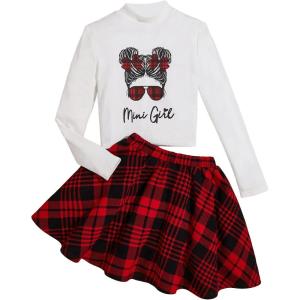 imageFloerns Girls 2 Piece Outfit High Neck Tee Shirt with Plaid Mini Skirt SetWhite and Red