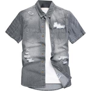 imageFloerns Mens Causal Ripped Button Front Dual Pocket Short Sleeve Denim Shirt Without TeeA Grey
