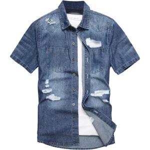 imageFloerns Mens Causal Ripped Button Front Dual Pocket Short Sleeve Denim Shirt Without TeeBlue