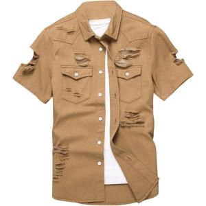 imageFloerns Mens Causal Ripped Button Front Dual Pocket Short Sleeve Denim Shirt Without TeeBrown
