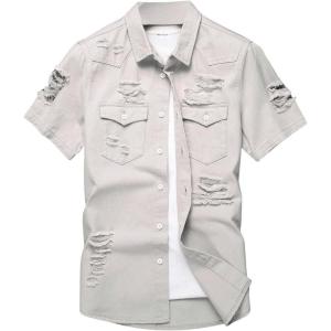 imageFloerns Mens Causal Ripped Button Front Dual Pocket Short Sleeve Denim Shirt Without TeeKhaki