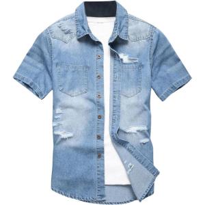 imageFloerns Mens Causal Ripped Button Front Dual Pocket Short Sleeve Denim Shirt Without TeeLight Blue