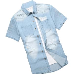 imageFloerns Mens Causal Ripped Button Front Dual Pocket Short Sleeve Denim Shirt Without TeeLight Blue B
