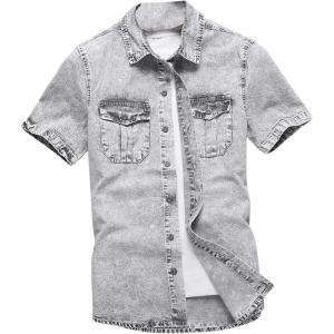 imageFloerns Mens Causal Ripped Button Front Dual Pocket Short Sleeve Denim Shirt Without TeeLight Grey