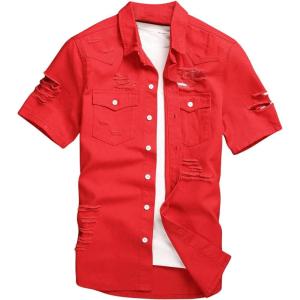 imageFloerns Mens Causal Ripped Button Front Dual Pocket Short Sleeve Denim Shirt Without TeeRed