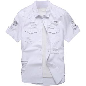 imageFloerns Mens Causal Ripped Button Front Dual Pocket Short Sleeve Denim Shirt Without TeeWhite