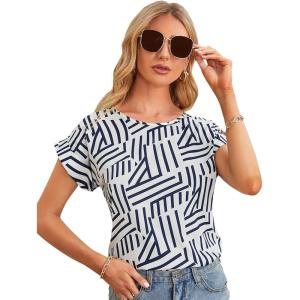 imageFloerns Womens Short Sleeve Office BlouseBlue and White