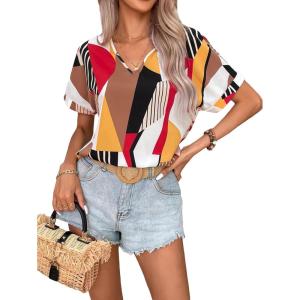 imageFloerns Womens Short Sleeve Office BlouseBrown White Geo