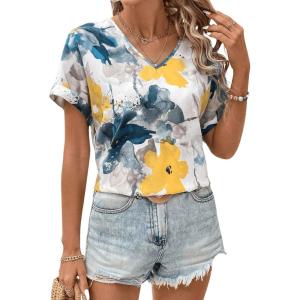 imageFloerns Womens Short Sleeve Office BlouseFloral White Yellow