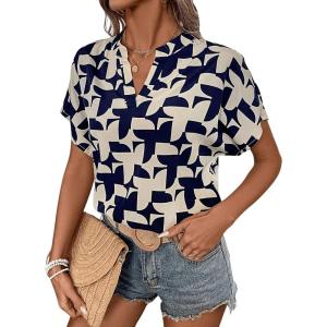 imageFloerns Womens Short Sleeve Office BlouseGeo Blue Beige