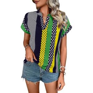 imageFloerns Womens Short Sleeve Office BlouseGreen Yellow Striped