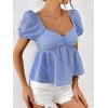 imageFloerns Womens Allover Floral Print Sweetheart Neck Puff Sleeve Peplum Blouse TopBlue Gingham