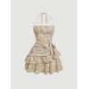 imageFloerns Womens Floral Print Sleeveless Halter Tie Back Layered Hem Cami Mini DressApricot