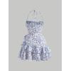 imageFloerns Womens Floral Print Sleeveless Halter Tie Back Layered Hem Cami Mini DressBlue and White