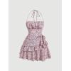 imageFloerns Womens Floral Print Sleeveless Halter Tie Back Layered Hem Cami Mini DressPink