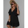 imageFloerns Womens Plus Size Solid Wrap V Neck Short Sleeve Ruffle A Line DressBlack Ink